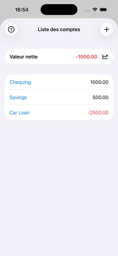 Accounts and net worth screen